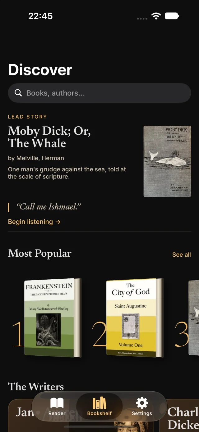 Oratio’s Discover tab with top picks from the public-domain catalog